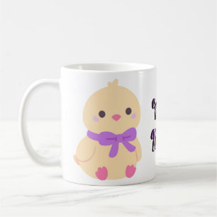 De Café Taza con pollito bebé sentado kawaii con lazo púrp