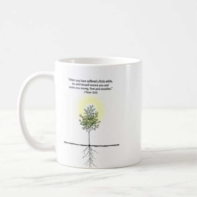 De Café Taza con versículo bíblico cristiano 1 Pedro 5:10  (Izquierda)
