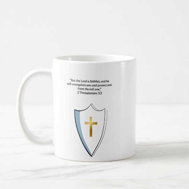 De Café Taza con versículo cristiano 2 Tesalonicenses 3:3  (Izquierda)