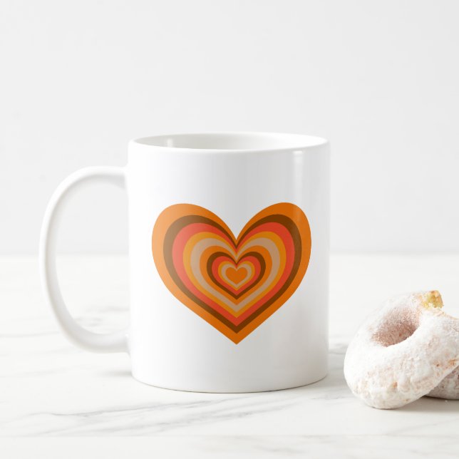 De Café Taza Corazón con Rayas Retro - Naranja sobre Blanc (Con donut)