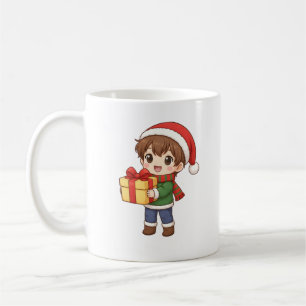 De Café Taza del chico navideño lindo sosteniendo regalo