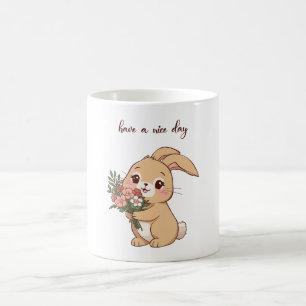 De Café Taza del conejo sonriente que sostiene una flor   