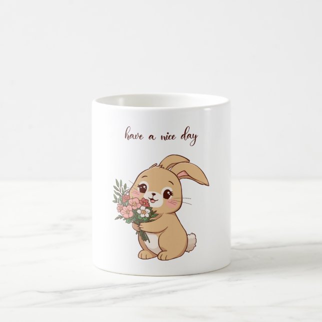 De Café Taza del conejo sonriente que sostiene una flor |  (Centro)