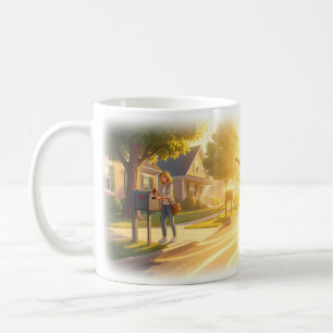 De Café Taza del despertar alegre en la calle soleada