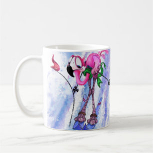 De Café Taza divertida con flamenco rosa esquiador