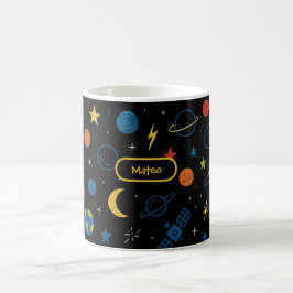 De Café Taza espacial con nave cohete y planetas para niño
