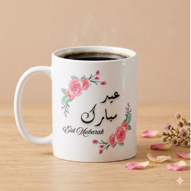 De Café Taza floral moderna árabe e inglés Eid Mubarak (White ceramic mug with a floral frame and the message "Eid Mubarak" in English and Arabic)