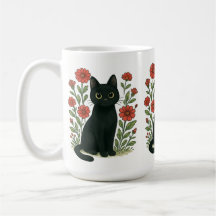 Taza Gato Negro y Flores Rojas