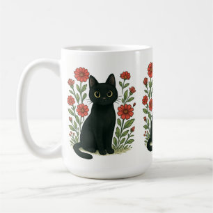 De Café Taza Gato Negro y Flores Rojas