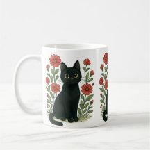 Taza Gato Negro y Flores Rojas