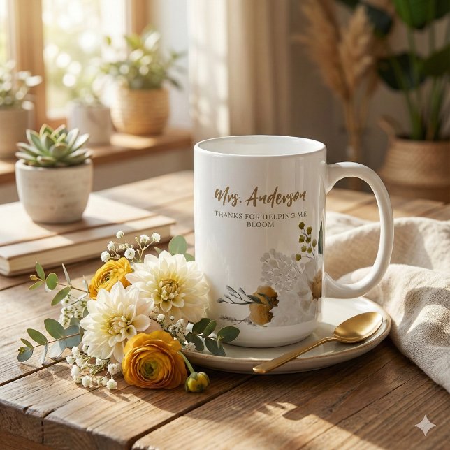 De Café Taza Gracias Por Ayudarme A Florecer (Thank a special teacher with this, "Thanks for helping me bloom" personalized mug! )