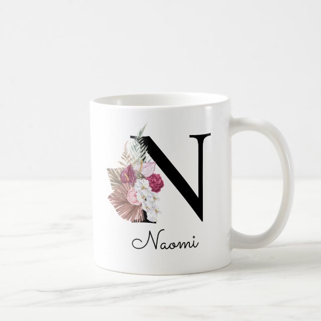 De Café Taza inicial floral boho rosa monograma N inicial (Derecha)