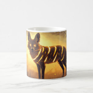 De Café Taza Lobo Místico con Franjas Luminosas en Crepúsc