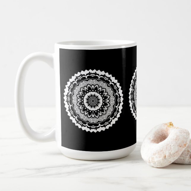 De Café Taza Mandala Floral Blanco Y Negro (Con donut)