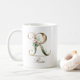 De Café Taza Monograma Elegante Letra R Floral Dorada