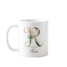 Taza Monograma Elegante Letra R Floral Dorada
