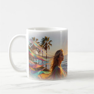 De Café Taza Mujer Océano Atardecer Arcoíris Energía Ondas