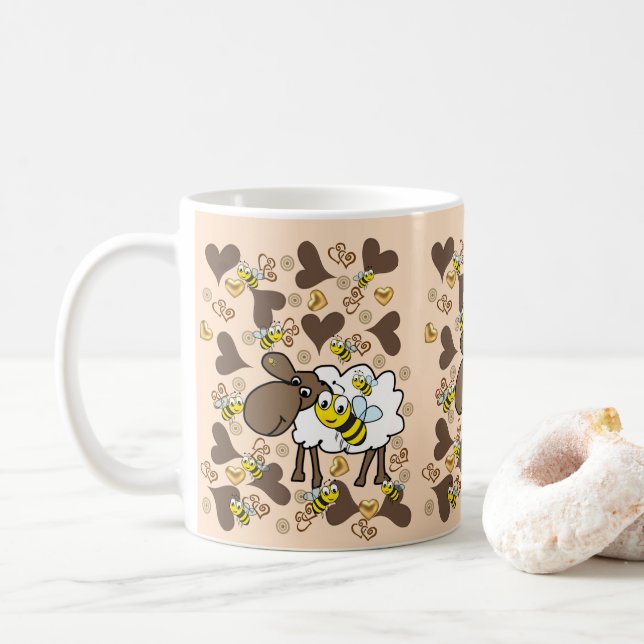 De Café Taza Ovejas Beige Corazones Marrones (Con donut)