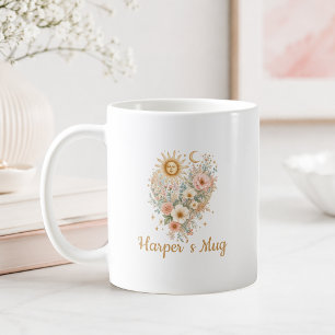 De Café Taza personalizada Boho Floral Corazón Sol Luna