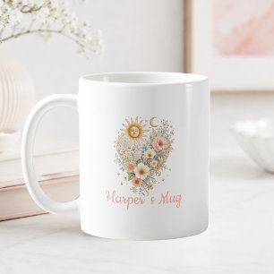 De Café Taza personalizada Boho floral corazón sol luna