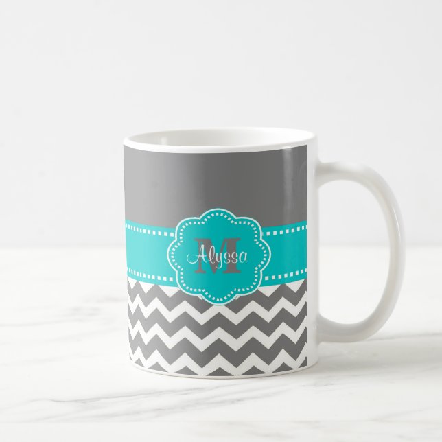 De Café Taza personalizada Chevron gris y azul (Derecha)