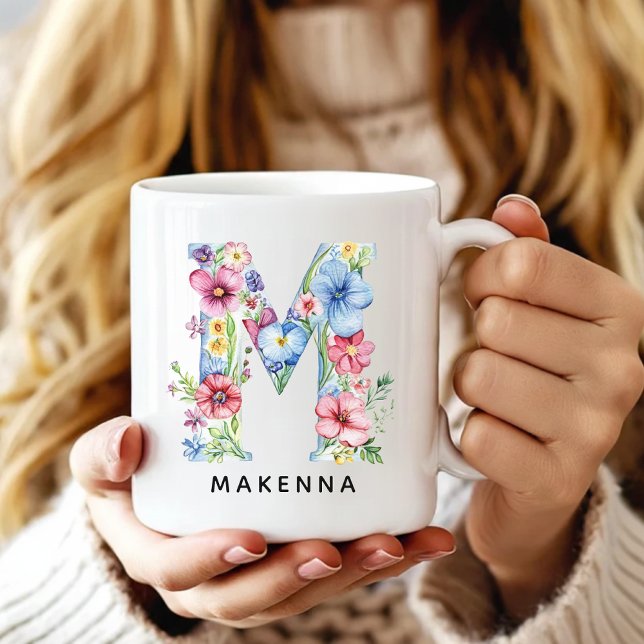 De Café Taza Personalizada con Alfabeto Floral para Regalo (Custom Monogram Name Mug for Mom or Bridesmaids, Custom Floral Alphabet Mug for Teacher or Nurse)