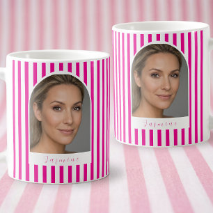 De Café Taza personalizada con rayas rosadas y blancas y n