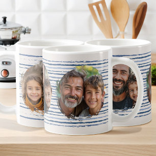 De Café Taza rayada con fotos familiares en azul neutro