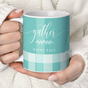 De Café Taza Reunir Feliz Otoño Teal y Blanco Buffalo Chec