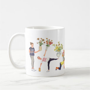 De Café yoga pintado a mano y zinnia posa en una taza