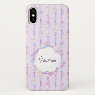 Para iPhone X Boho plumas acuarela nombre arte funda púrpura