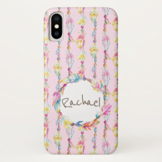 Boho plumas acuarela nombre arte funda rosa