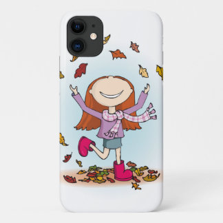 Chica otoño jugando con hojas funda
