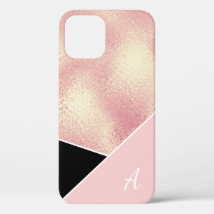 Para iPhone 12 Pro Elegante rosa geométrico oro Funda negro rosado ro