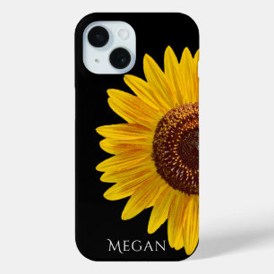 Para iPhone 15 Funda negra personalizada con nombre y girasol ama