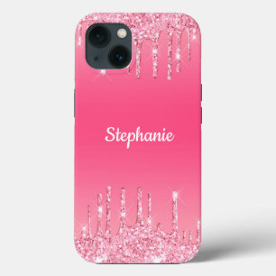 Para iPhone 13 Funda personalizada rosa con purpurina goteando Gl