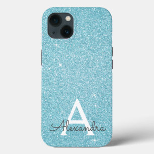 Para iPhone 13 Purpurina azul Verde azulado Aqua y Funda monogram