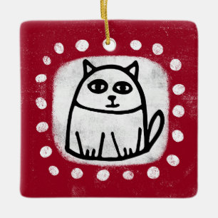 De Cerámica Gato Lindo En Adorno Rojo