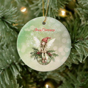 De Cerámica Hada Navideña Bonita en un Adorno