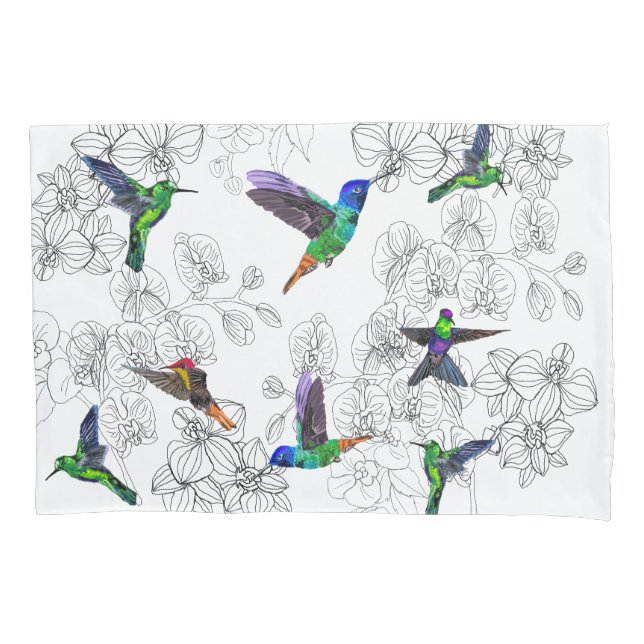 De Cojín Funda Hummingbird y Orquídeas (Anverso)