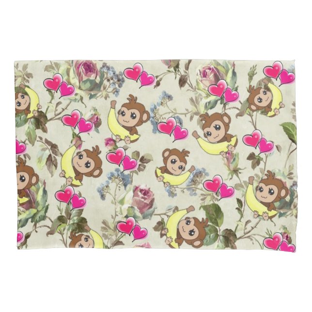 De Cojín Pillow Funda Mono Bananas Corazón rosa Floral (Anverso)