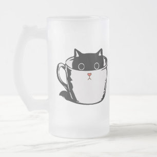 De Cristal Esmerilado Gatito negro con nariz roja escondido en una taza
