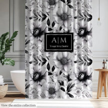 Cortina floral moderna en blanco y negro para baño