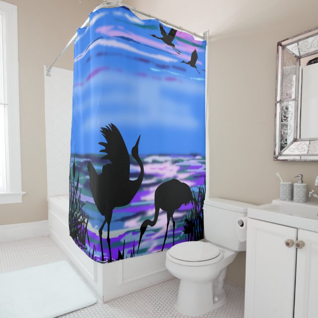 De Ducha Cranes Bird Lake Sunset Love Dance Shower Cortina (In situ)