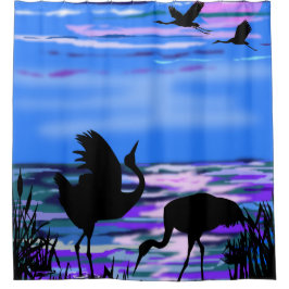 De Ducha Cranes Bird Lake Sunset Love Dance Shower Cortina