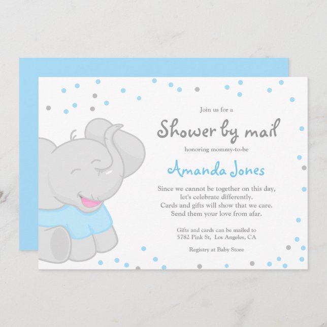 💙 de elefante lindo Baby Shower Boy 🐘 invitación (Anverso / Reverso)