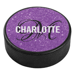 De Hockey Elegante purpurina morado monograma nombre disco d