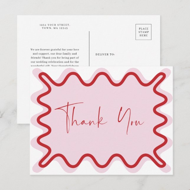 De Invitación Borde ondulado rosado rojo Gracias postal (Anverso / Reverso)