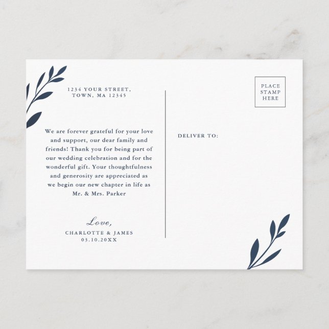 De Invitación La marina y el follaje rosado Gracias postal (Reverso)