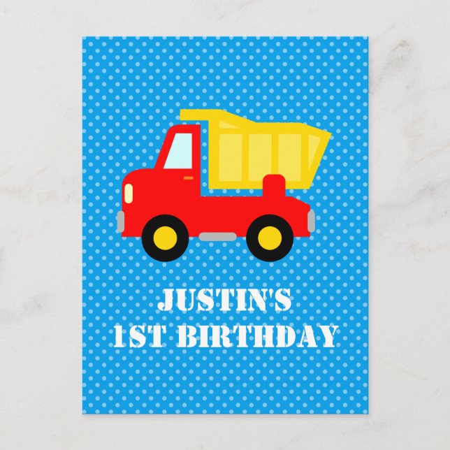 De Invitación Niños 1er cumpleaños construccion dumptruck postal (Anverso)